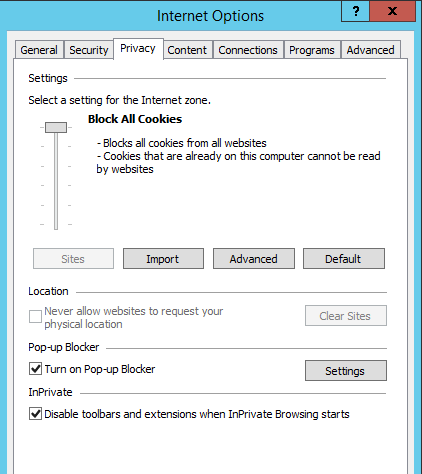 Incompatible Internet Explorer privacy setting