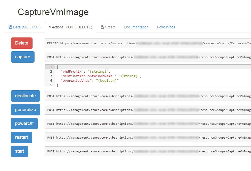 Actions (POST, DELETE) for VM view In ARMExplorer