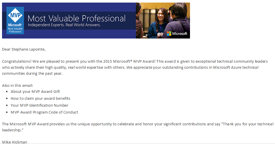 2015 Microsoft Azure MVP Award email